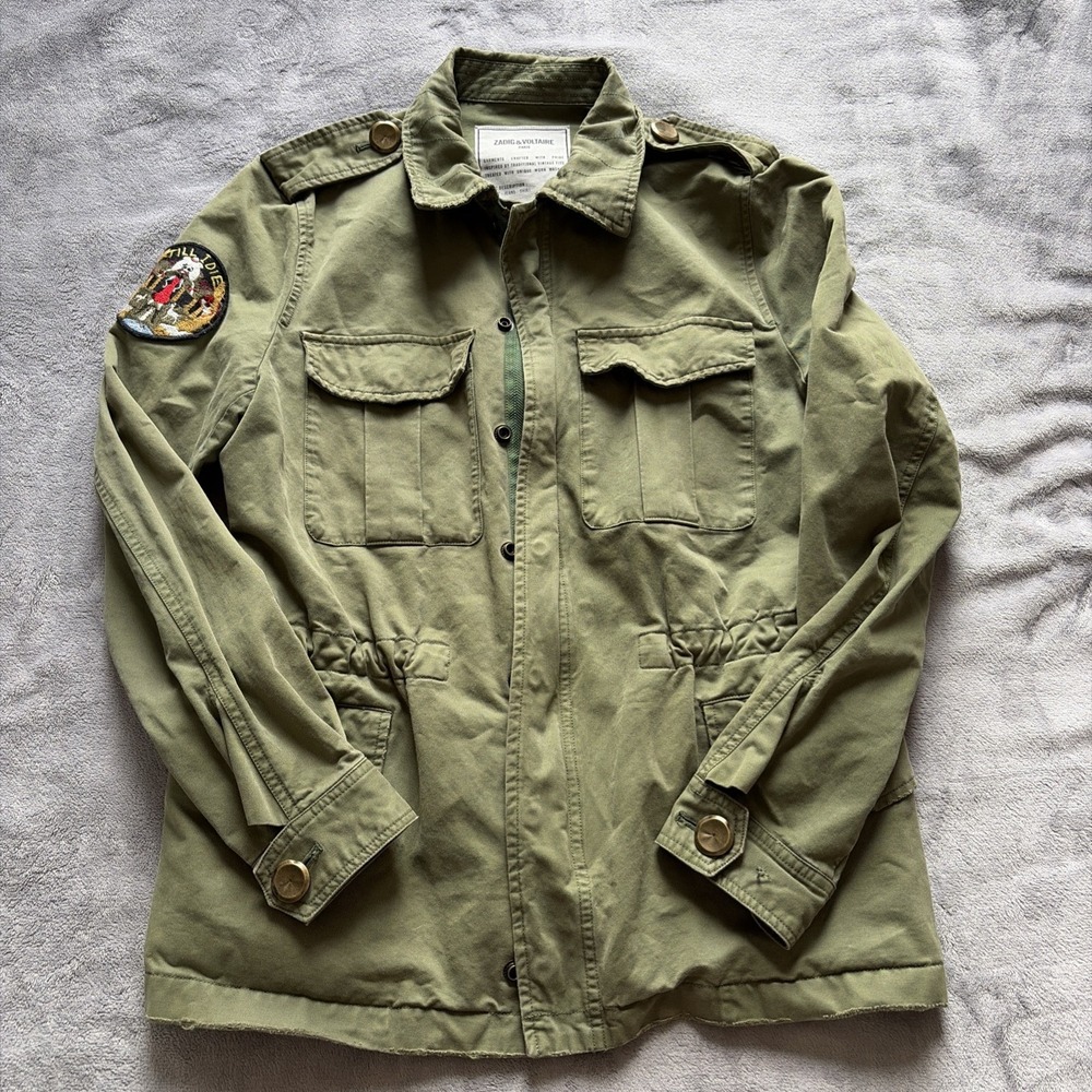 ZADIG & VOLTAIRE Army Green "Till I‎ Die" Embroidered Cargo Jacket Large Grunge